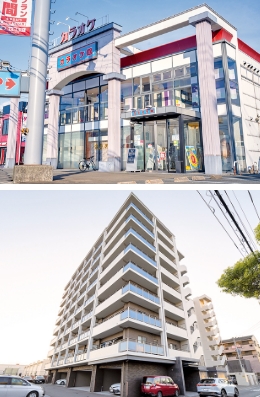 (上)創業時から保有・管理する「カラオケ館福岡粕屋店」、(下)保有・管理する「サンスクエア福岡東」