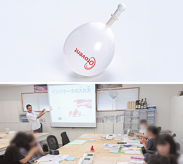 （上）滲出性中耳炎の治療に用いられる「オトヴェント」。バルーンを鼻で膨らますことで水が中耳内に溜まっている状態を改善、（下）地域の小学生向けに実施した再生処理の体験教室。同社では再生処理の啓発を目的としたイベントを多数開催している