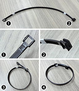 自社製品として売り出し中の結束バンド「EZTY」。先端にあるヘッドにバンドを止める機能（❶）とバンドを通す溝（❷）が付いている。バンドを溝に通し（❸）、もう一方のヘッドで留める（❹）ことで固定する